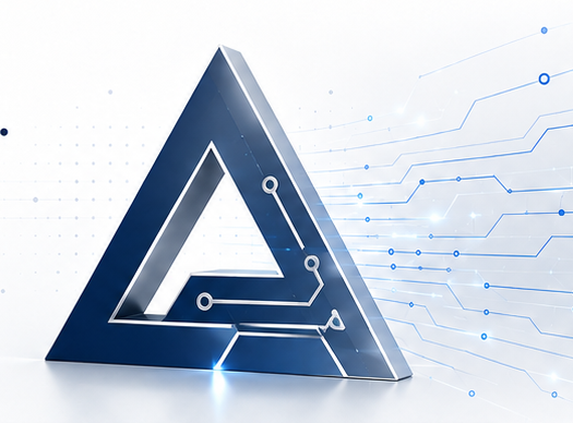 Logo Delta tridimensionnel bleu et argent sur un arrière-plan technologique